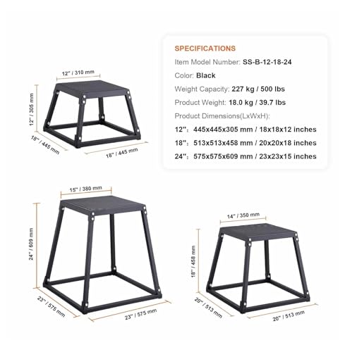 Plyometric Jump Boxes 12/18/24 Inch Set, Plyo Box for Fitness, Agility Training, Step Up Platform - Home Gym Conditioning, Strength Workouts - Black