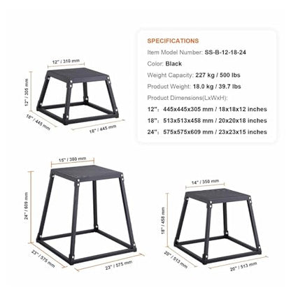 Plyometric Jump Boxes 12/18/24 Inch Set, Plyo Box for Fitness, Agility Training, Step Up Platform - Home Gym Conditioning, Strength Workouts - Black