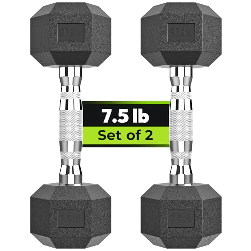HANDBODE Hex Dumbbell Set, 2.5-65 lb Rubber Encased Exercise & Fitness Dumbbells, Weights Dumbbells Set of 2, Hand Weight for Strength Training - size: 7.5 Lb, Pair, style: Chrome Handle