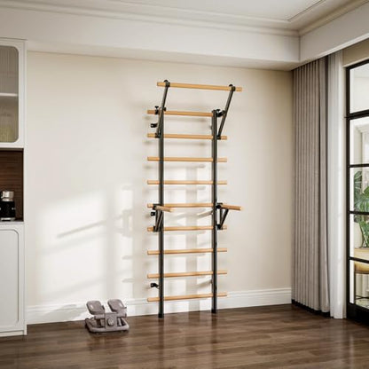 DHT Wood Stall Bar, Swedish Ladder Suspension Trainer with 9 Strategic Rods, for Home, Gym, School and Clinics, Black - color: WA2