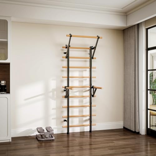 DHT Wood Stall Bar, Swedish Ladder Suspension Trainer with 9 Strategic Rods, for Home, Gym, School and Clinics, Black - color: DW-S