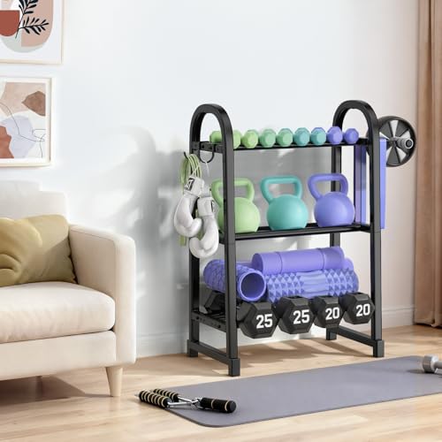 3 Tier Dumbble Rack - 360LB Capacity Adjustable Dumbbell Storage Rack Space-Saving Home Gym Weight Rack For Dumbbells And Kettlebells With Hooks (Dumbbell Rack Stand Only)