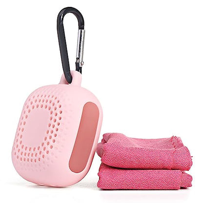 Outdoor Travel Quick Drying 40CM Towel with Portable Creative Silicone Box, Microfiber Cold Sports Quick Drying Towel, Gym, Beach, Yoga, Sports Travel (Pink)