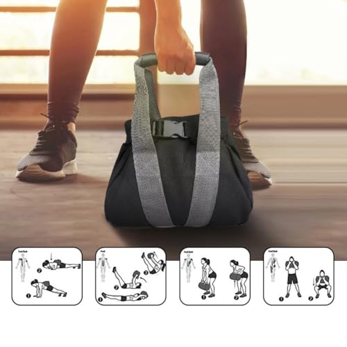 Canvas Adjustable Kettlebell Sandbag with Ergonomic Handle for Home Gym Fitness, Empty Fillable Weight Bag 0-35lbs for Strength Training Black
