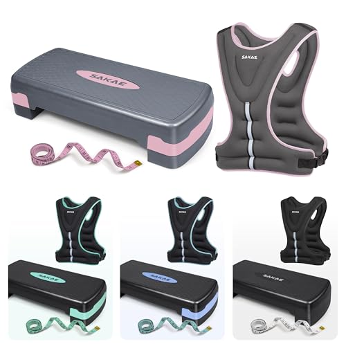 SAKAE Aerobics Step Platform Set with Weighted Vest & Measuring Tape, Adjustable Height 2 Level Risers Workout Step Trainer with Non-Slip Surface, Step Platform for Home Exercise, Multiple Colors