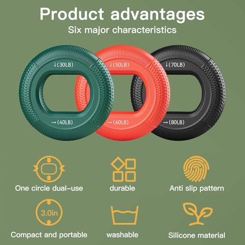 Grip Strength Trainer (30-80lbs) - 6 Resistance Levels, 3PCS Silicone Hand Grip Strengthener Rings for Rock Climbing, Athletes, Finger Workout & Stress Relief - Double Force Design