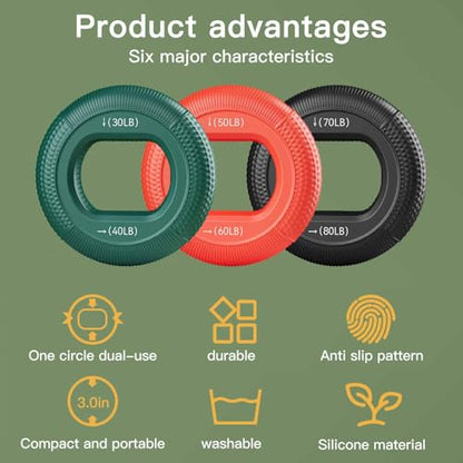 Grip Strength Trainer (30-80lbs) - 6 Resistance Levels, 3PCS Silicone Hand Grip Strengthener Rings for Rock Climbing, Athletes, Finger Workout & Stress Relief - Double Force Design