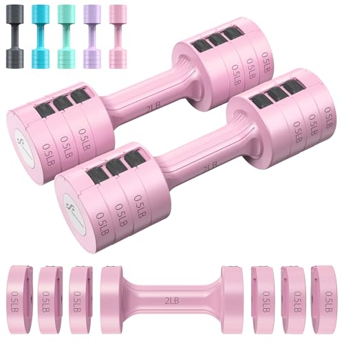 Sportneer Adjustable Dumbbells Hand Weights Set: 5 lb Dumbbell Set of 2 Each 2lb 3lb 4lb 5lb Free Weights Fast Adjust Weight 4 In 1 Weights Dumbbells Set for Women Men Home Gym Exercise Training - color: Pink