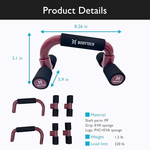 BODYTECH Push up Bars Strength Training with Foam Grip & Non-Slip handling. Load Capacity 220 lbs Wine Red Color