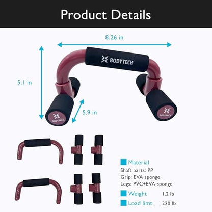 BODYTECH Push up Bars Strength Training with Foam Grip & Non-Slip handling. Load Capacity 220 lbs Wine Red Color