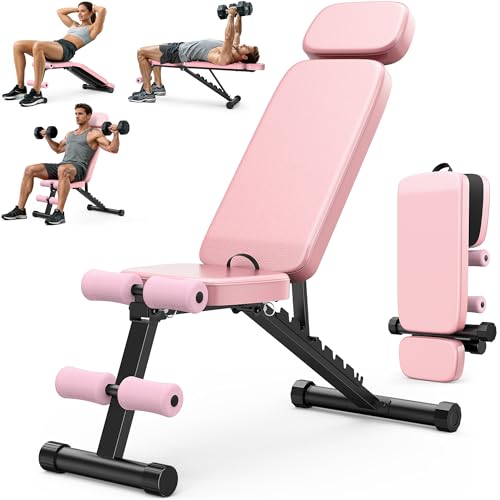 XDDIAS Workout Bench, 10 Backrests Adjustable Weight Bench with Extended Headrest, 800LBS Foldable Weight Bench for Home Gym, Incline Decline Flat Bench Compact for Small Space Training - color: Pink