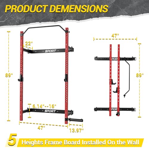 Folding Squat Rack Wall Mounted, 1000LBS Foldable Squat Rack for Home Gym and Garage, 2.4x2.4in Thick Steel with Pull Up Bar, J Hooks & Landmine Attachments, Space Saving Home Gym Power Cage