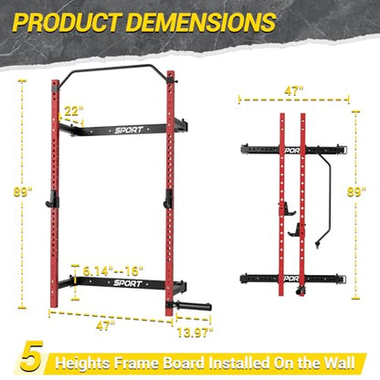 Folding Squat Rack Wall Mounted, 1000LBS Foldable Squat Rack for Home Gym and Garage, 2.4x2.4in Thick Steel with Pull Up Bar, J Hooks & Landmine Attachments, Space Saving Home Gym Power Cage