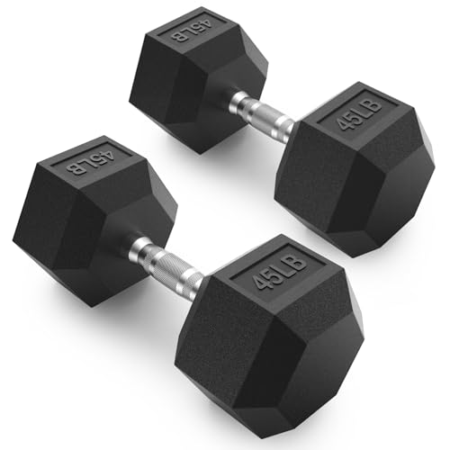 Rubber Encased Hex Dumbbell, Hand Weights with Anti-Slip Cast Iron Grip for Exercise & Fitness, Weights Dumbbells Set of 2 for Strength Training - style: 45LB Pair
