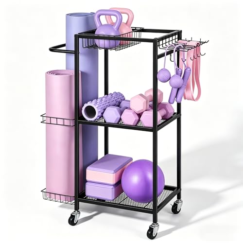 Workout Equipment Storage Rack Metal Yoga Mat Storage Rack, Weight Cart Home Gym Storage Rack with Wheels for Dumbbells, Yoga Mats, Kettlebells, Foam Rollers