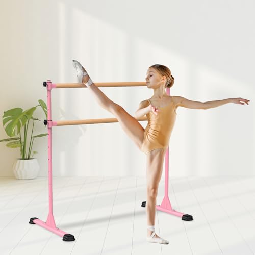 Freestanding Height Adjustable Ballet Barre - color: 4ft (Wood Crossbar, Pink)