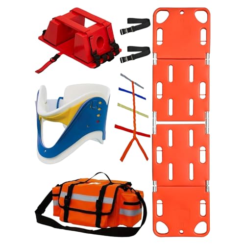 Emergency Foldable Spine Board Kit with Head Immobilizer, Neck Brace, Spider Straps, Storage Bag, Orange PE 4-Fold Water Rescue Stretcher for EMS (4 Folds)