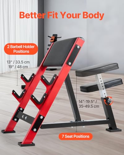 VEVOR Preacher Curl Bench, Strength Training Benches, Max Load 660 LBS Home Gym Fitness Equipment, Seated Arm Isolated Barbell Dumbbell Bicep Station, Adjustable Weight Bench with Bar Holders