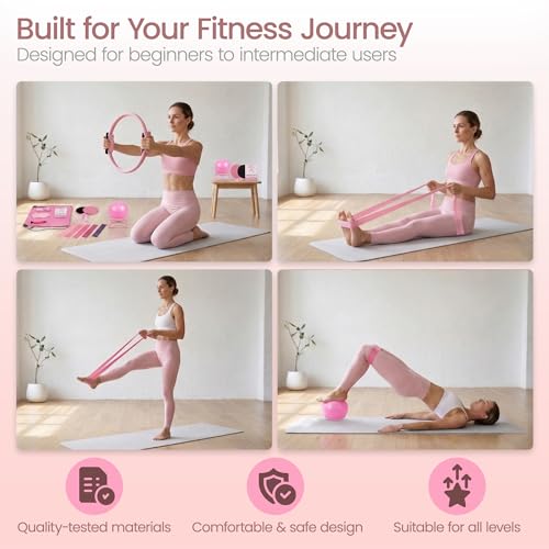 Pilates Equipment Kit 19 Piece, Home Pilates Workout Kit for Women, 14.5" Pilates Ring and Ball Set with Adjustable Ankle Wrist Weights, 5 Resistance Bands,Sliders & Grip Socks,Workout Guide Included