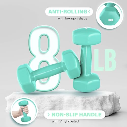 Yes4All Vinyl Hexagon Dumbbell - Dumbbells Set of 2 Hand Weights for Home Gym & Strength Training (2-15 lbs Weight Options) - color: D. 8 lbs - Bermuda - Pair