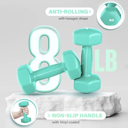 Yes4All Vinyl Hexagon Dumbbell - Dumbbells Set of 2 Hand Weights for Home Gym & Strength Training (2-15 lbs Weight Options) - color: D. 8 lbs - Bermuda - Pair