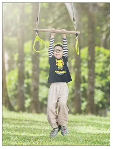 HUAWELL Wooden Trapeze with Plastic Gym Rings - Outdoor N Indoor Playground 2 in 1 Swing Set Accessories for Kids (Blue)