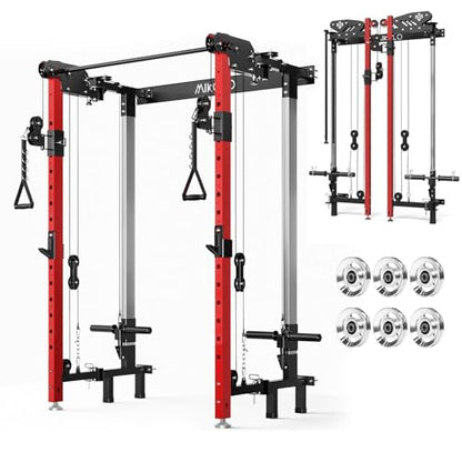 Mikolo Folding Squat Rack, Wall Mounted Power Rack with Cable Crossover Machine & LAT Pull Down, Functional Trainer with 5 Adjustable Function Modes, for Home Gym and Space Saving - color: Red, size: WR00 Ultra (Alum Pulleys)