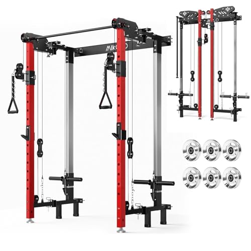 Mikolo Folding Squat Rack, Wall Mounted Power Rack with Cable Crossover Machine & LAT Pull Down, Functional Trainer with 5 Adjustable Function Modes, for Home Gym and Space Saving - color: Red, size: WR00 Ultra (Alum Pulleys)