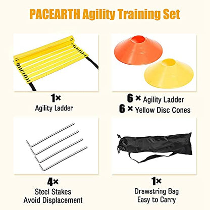 Sports Speed Agility Set 12 Disc Cones 4 Steel Stakes and Agility Ladder for Football Basketball Rugby