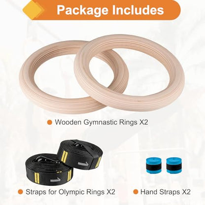 Wooden Gym Rings with 9ft Double-Layer Numbered Straps Quick Adjust. 1.25” Olympic Rings for Home Gym Small Apartment Hotel Camping Full Body Workout Calisthenics Strength Training Body