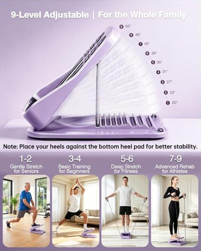 9-Level Adjustable Slant Board for Calf Stretching, Incline Board with 2 Resistance Bands, Portable Calf Stretcher forTeenagers, Office Foot Rest & Physical Therapy Equipment (Purple)