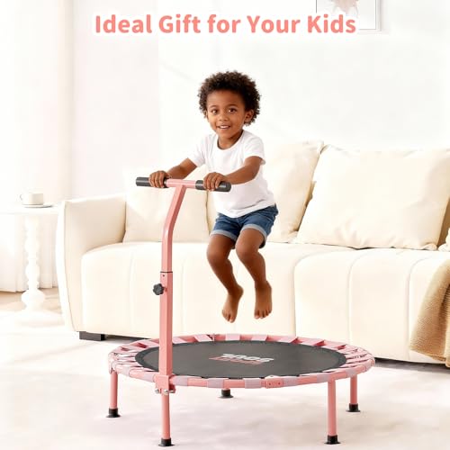 36'' Mini Trampoline for Kids 3-6, Foldable & Spring-Free, Small Toddler Trampoline Indoor Outdoor with Adjustable Handle Bar