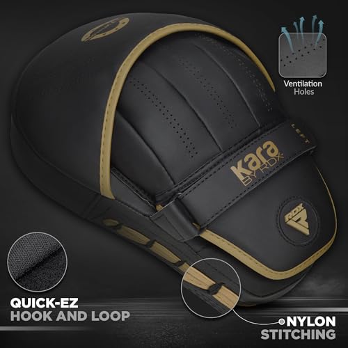 RDX Boxing Pads Curved Focus Mitts, Maya Hide Leather Kara Hook and jab Training Pads, Adjustable Strap Ventilated, MMA Muay Thai Kickboxing Coaching Martial Arts Punching Hand Target Strike Shield - color: Golden