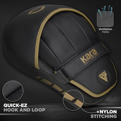 RDX Boxing Pads Curved Focus Mitts, Maya Hide Leather Kara Hook and jab Training Pads, Adjustable Strap Ventilated, MMA Muay Thai Kickboxing Coaching Martial Arts Punching Hand Target Strike Shield - color: Golden