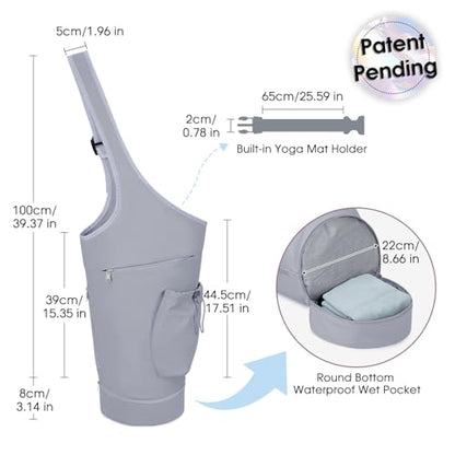 sportsnew Yoga Mat Bag, Large Opening Long Tote Yoga Mat Carrier Holder Bag with Waterproof Wet Pocket and Drawstring Water Bottle Pocket, Adjustable Shoulder Strap Storage Bag, patent pending