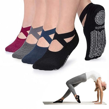 Ozaiic Pilates Socks for Women Non Slip Grip Yoga Barefoot Indoor Workout - color: 4 Pairs - Black/Navy/D.gray/ Burgundy
