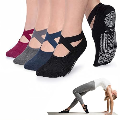 Ozaiic Pilates Socks for Women Non Slip Grip Yoga Barefoot Indoor Workout - color: 4 Pairs - Black/Navy/D.gray/ Burgundy