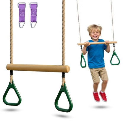 Wooden Trapeze Swing Bar for Kids - 18" Adjustable Height Monkey Bars Rings Swingset Accessories - Ninja Warrior Obstacle Course for Kids - Jungle Gym Accessories Playground Attachments