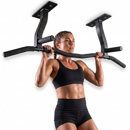 Ceiling Mount Pull Up Bar with Reversible Risers for 16 and 24 Inch Joists with Optimum Grip Spacing by Ultimate Body Press