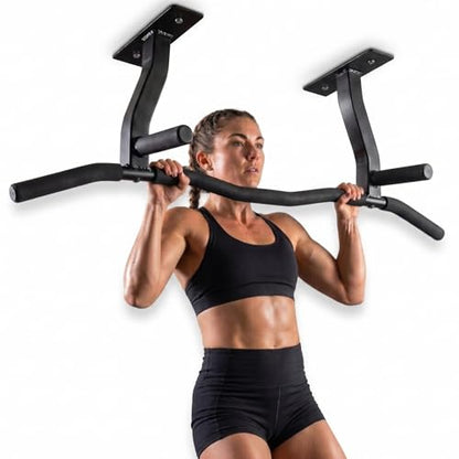 Ceiling Mount Pull Up Bar with Reversible Risers for 16 and 24 Inch Joists with Optimum Grip Spacing by Ultimate Body Press