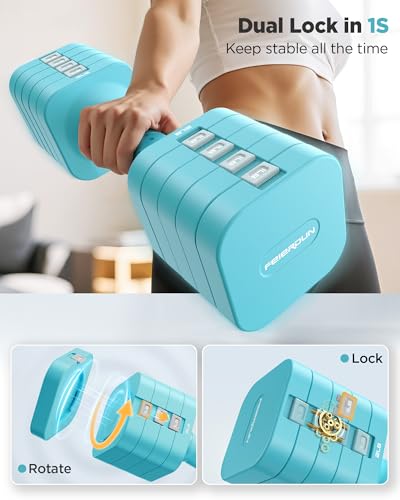FEIERDUN DB3 5-in-1 Adjustable Dumbbell Set, 6LB/10LB Pair Adjustable Weights for Women at Home, Dual Locking Stable Hand Weights with TPU Soft Handle, Home Gym, Rehab, Pilates, Yoga, Strength Training - color: C-Mint Blue, style: 10LBS Pair (20LBS Total)