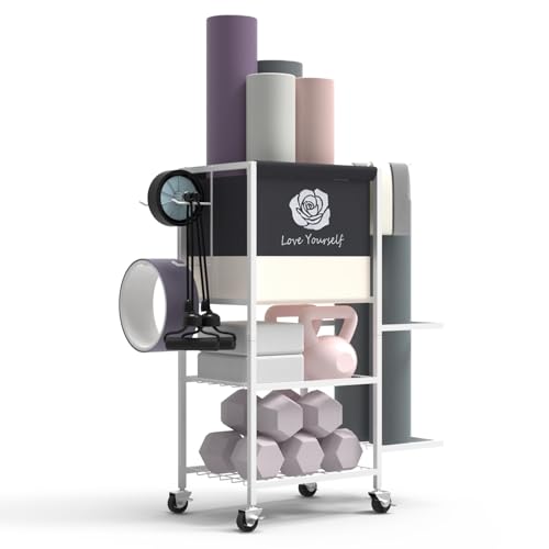 Multi-Functional Home Gym Storage Rack,All-in-One Weight Rack,Yoga Mat Foam Rollder Holder with Wheels and Side Holder - color: White