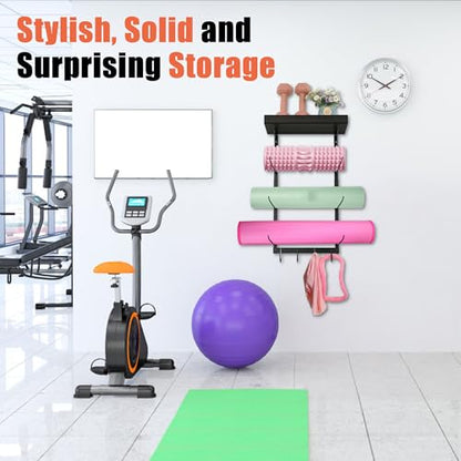 Yoga Mat Holder Wall Mount - 4 Tier Home Gym Storage Rack with Shelf & 5 Hooks, Gym Equipment Organizer & Wall Storage for Workout Room Decor