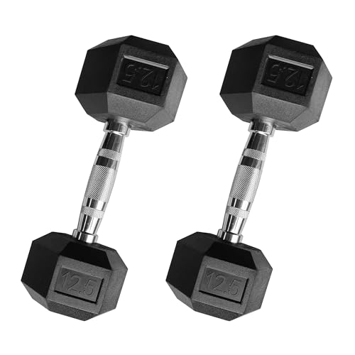 12.5LB Rubber Hex Dumbbell Pair - Commercial-Grade Rubber Hex Dumb Bell Weights Set of 2