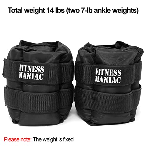Fitness Maniac Pro Ankle Weights for Women Men Double Straps 14 lbs (7 Pounds Per Ankle) Durable Set for Gym, Workout, Walking, Ab, Leg Exercises