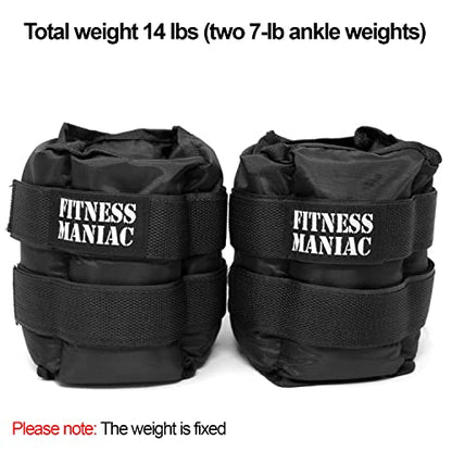 Fitness Maniac Pro Ankle Weights for Women Men Double Straps 14 lbs (7 Pounds Per Ankle) Durable Set for Gym, Workout, Walking, Ab, Leg Exercises