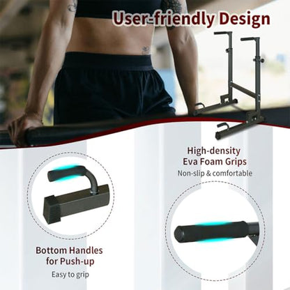 Adjustable Dip Bar Station with Detachable Bench, Heavy Duty Steel Dip Stands for Home Gym, Height Adjustable Parallel Bars for Dips, Push Ups, L-Sits, Strength Training, Black