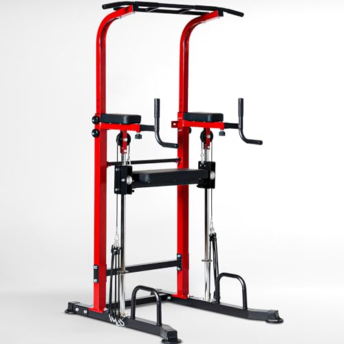 Dland Power Tower Dip Station Pull Up Bar Exercise Tower, Multifunctional Adjustable Height Training Equipment for Home Gym, Free Standing Assisted Fitness Workout Pullup Rack Station Machine - color: Red