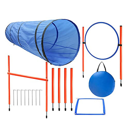 Dog Agility Training Equipment, Obstacle Agility Training Starter Kit for Doggie, Including Tunnel, 13 Weave Poles, Adjustable Hurdle, Jump Ring, Pause Box and Carrying Bag(Blue)