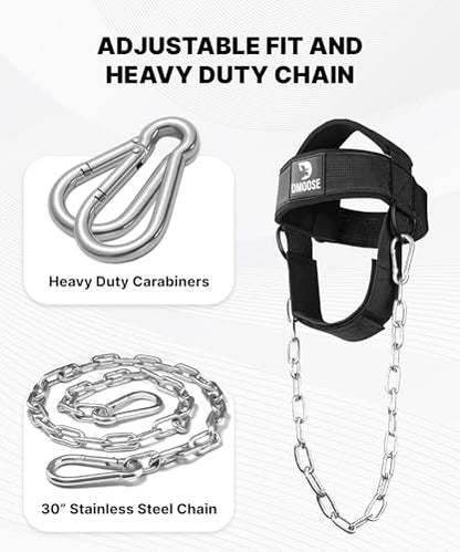 DMoose Fitness Neck Harness for Weight Lifting - Soft Padded Head & Chin Strap with 30" Heavy Duty Steel Chain - Neck Exerciser, Trainer & Strengthener to Support Injury Recovery and Intense Workouts - color: Black